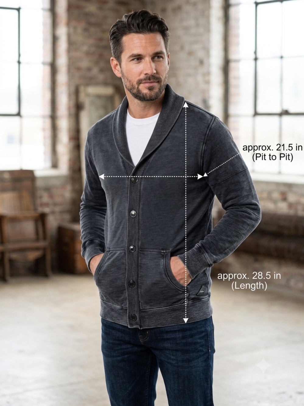 J.C. Rags Men’s Large Cotton Shawl Collar Cardigan Sweater Dark Charcoal Grey